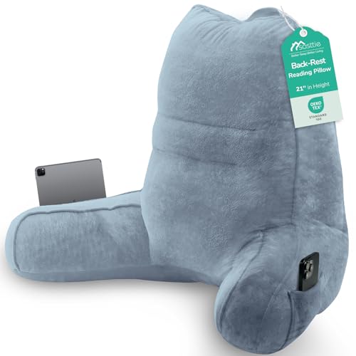 Image of Sasttie Reading Pillow for Bed, Back Pillow for Sitting Up, Greyish Blue | 21 inch Backrest Support Cushion for Couch, Sofa, and Floor, Dorm Essentials, OEKO-TEX, Adjustable Down Alternative Fill