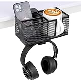 Qfmr ドリンクホルダー ヘッドホンフック 360°回転 デスク ヘッドホンスタンド デスクオーガナイザ ヘッドセットスタンド ヘッドホンハンガー カップホルダードリンクカップホルダー金属製 物収納スベース クランプ式 取付簡単 小 (ブラック)