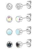 JeweBella 4 Pairs Titanium Earrings for Women Men Hypoallergenic Cubic Zirconia Opal Stud Earrings G23 Titanium Piercing Sleeper Cartilage Stud Earrings Set for Sensitive Ears 3/4/5MM