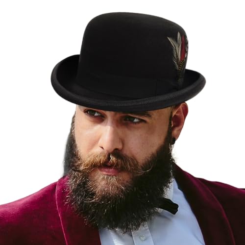 HISSHE Men's Wool Fedora Hats Women Felt Bowler Derby Hat with Feather (Black,XL)