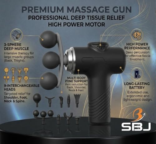 Image of SBJ Massage Gun Deep Tissue Muscle Pain Relief, 9 Adjustable Heads For Back, Shoulder & Body Pain Massager (White, Black, Beige)