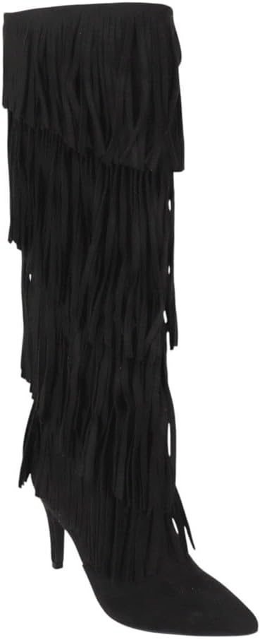 Liliana Women's Knee High Fringe Boots Pointy Toe Stilettos High Heels Boots