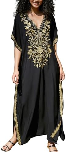 Women Embroidery Kaftan Loose Lightweight Kimono Cardigan Casual Beach Cover Up Long Caftans Bathing Suit Maxi Dress Black