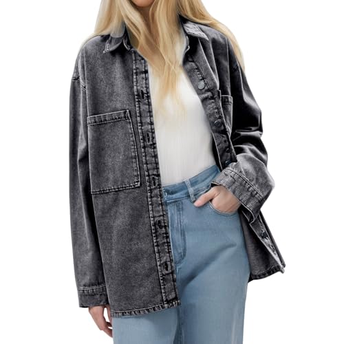 Generisch Chaqueta vaquera para mujer, de manga larga, estilo vaquero, informal, chaqueta de entretiempo con bolsillo, chaqueta de camisa de mezclilla larga, retro, suelta, camisa vaquera, solapa