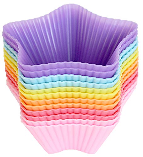 Mirenlife Reusable and Non-stick Silicone Baking Cups / Cupcake Liners/ Muffins Cup Molds in Storage Container-12 Pack-6 Vibrant Colors Star