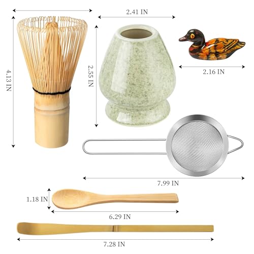 Matcha Whisk Set, Matcha Making Kit Whisk (Chasen Holder), Ceramic Whisk Holder (Mottled Green), Bamboo Scoop, Powder Starter Sifter, Spoon Japanese Tea Tools For Ceremony Gift by YIBO - Image 2