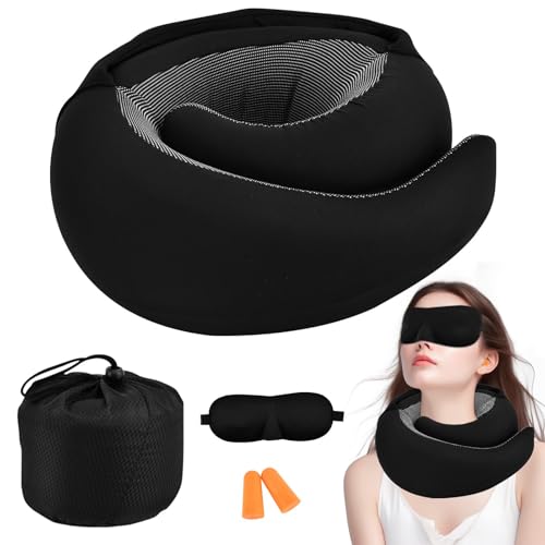 homfanseec Travel Pillow,Neck Pillow with Hood Earplugs Eye Mask,Memory Foam Neck Pillow Airplane,Ergonomic Travel Pillows for Airplanes for Sleeping Office Plane Car Rides Home Use,Black