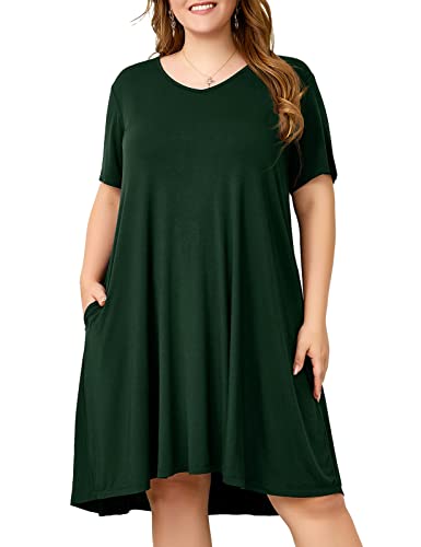 Image of OVERWORETY Womens Short Sleeve Plus Size T-Shirt Dress V Neck Casual Loose Swing A-Line Summer Tunic Dresses with Pockets