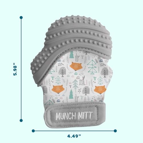 Image of Malarkey Kids Patented Teething Mitten, Munch Mitt Baby Chew Toy - Protects Hands from Chewing & Saliva, Heals Aching Gums, Promotes Sound & Visual Stimulation for Babies - Grey Fox