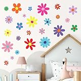 12 Sheets Daisy Wall Decals Boho Flower Wall Stickers Cute Kids Girls Room Decor Peel and Stick Floral Decals Toddler Nursery Playroom Living Room Bedroom Classroom Retro Hippie Decor Bright Style