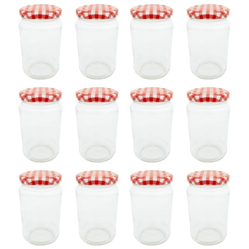 Bramley & Sage 375ml 1lb Round Glass Jam Jars with Red Gingham Twist-Off Lids (Set of 12)