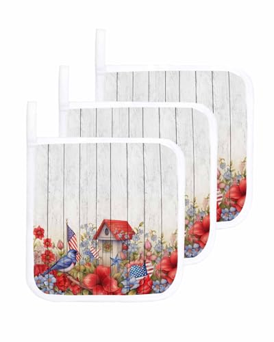 3 Packs Spring Summer Flower Birds Pot Holders Sets for Kitchen,Oven Pan Plate Bowl Pads Heat Proof Mat with Hanging Loop,Thick Terry Cooking Baking Cloth Potholders 4th of July Farmhouse Red Floral