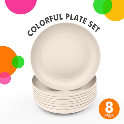 Image of Homienly Wheat Straw Plates 8 PCS Unbreakable Dinner Plates - 10 inch Dishwasher & Microwave Safe Plastic Plates Reusable Lightweight Roud Plates, Plates for Kitchen, Dinner, Outdoor,Picnic (Beige)