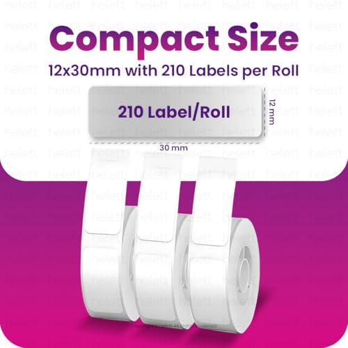 Image of Helett Ziplabel Compatible Label Tape - 12mm x 30mm (3 /8 inch x 1 3 /16 inch) | Direct Thermal Self-Adhesive Labels | 210 Labels Per Roll | Designed for HE24 Printer (No NFC Tag Required) | Pack of 3 Rolls