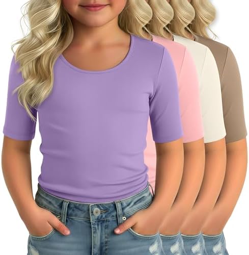 LessonZoo 4 Pack Girls' Half Sleeve Shirts, 4-Color Set, 5T