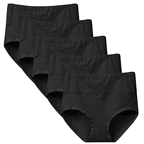 Anktry Women's Soft Cotton Briefs Underwear Breathable Solid Color High Waist Full Coverage Ladies Panties Multipack (L, 5Black) #TOP6