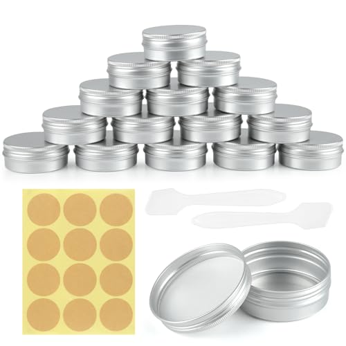 15 botes vacíos de aluminio, 60 ml, redondos, de viaje, para rellenar, crisol para crema con espátula, etiquetas adhesivas, pequeños botes con tapa para crema, cosméticos, monedas
