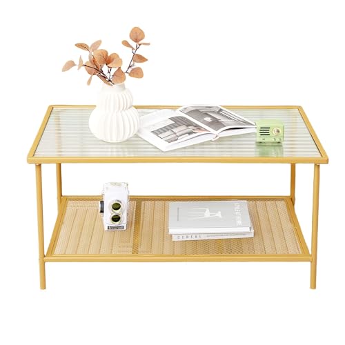 LIFEZEAL Mesa de Centro de Cristal Templado, Mesa Rectangular de salón con Estante de Malla, Mesa de café con Marco de Metal, Mesa Dorada de Cristal para salón, Oficina, 90 x 50 x 46cm