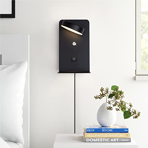 Image of LED Plug in Wall Lamps with USB Charging Port for Bedside, 8W Black Sconces Lights with Shelf Switch Cord 3-Ways Brightness Fixtures for Living Room, Bedroom Illumination for Reading
