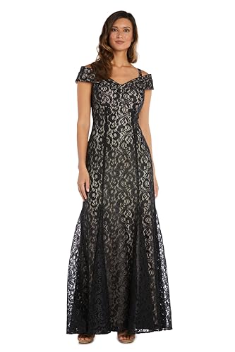 Image of R&M Richards Women's Off The Shoulder Formal Gown - Glitter Lace Mermaid Evening Dress for Wedding Guest & Cocktail Attire
