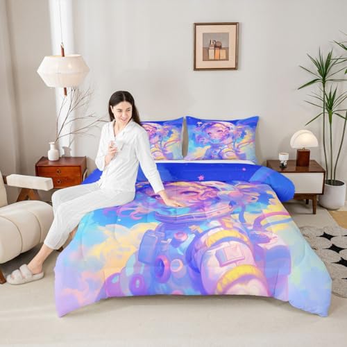 Image of Erosebridal Watercolor Anime Girl Bedding, 3D Anime Comforter Set Cosmo Galaxy Sci-Fi Virtual Reality Twin Bed Comforter Set for Boys Girls Graffti Stars Print Duvet Insert, 1 Comforter 1 Pillowcase