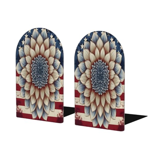 (2 PCS/1 Pairs) Wood Bookends American Flag Flower Decorative Wood Bookends for Student School Shelves Kids Room Desk Home Office Book Stoppers for Holiding Books 5x3 Inch