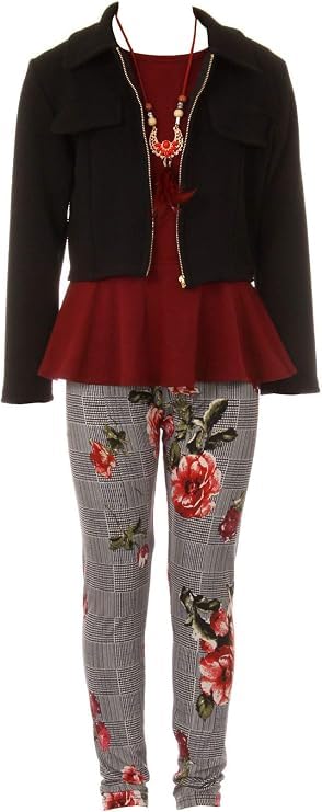 Image of iGirlDress Girls 4 Pieces Pant Set Long Sleeve Jacket Necklace Floral Plaid Pant 4-16