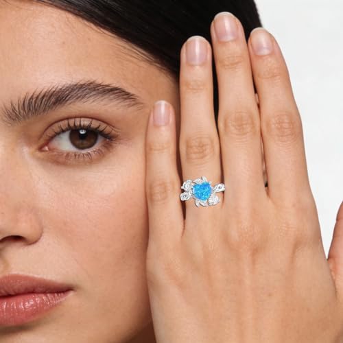 Image of 0.3 Carat Moissanite and White Opal /Blue Opal /Black Opal Engagement Ring 925 Sterling Silver 8-9 MM Heart /Round /Oval Cut Opal Moissanite Ring for Women Size 5-13