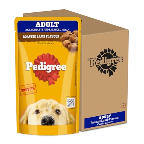 Image of Pedigree Adult Wet Dog Food, Roasted Lamb Flavour Chunks in Gravy, 130 g (Pack of 12), Complete & Balanced Meal for Adult Dogs