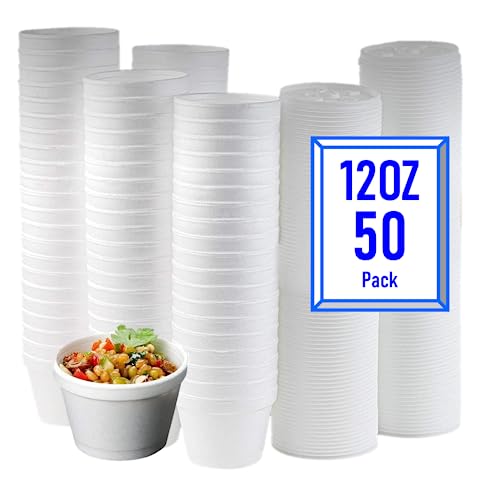 Mr Miracle Cuenco de espuma con tapa para alimentos fríos y calientes, recipiente desechable de 12 onzas con tapa ventilada, ideal para helado, yogur, sopa, comida para llevar [paquete de 50]