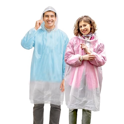 Eco-Friendly Rain Ponchos - Bio-degradable Disposable Clear Poncho with Drawstrings and Adjustable Hood, Family Pack of 5