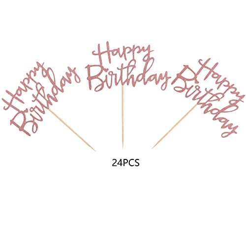 24Pcs Happy Birthday Cupcake Toppers Rose Gold Glitter Cupcake Picks Birthday Cake Decorations Baby Shower Anniversary Party Supplies #TOP2