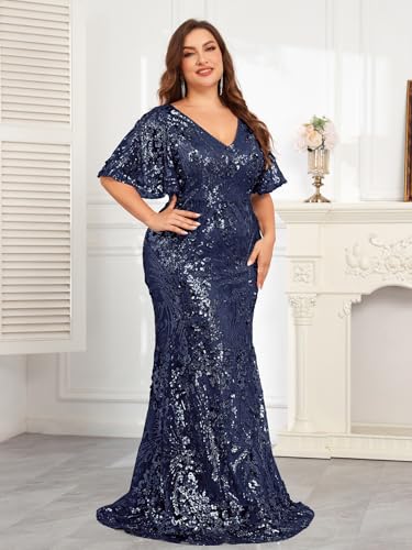 Image of Plus Size Glamous Short Sleeves Womens Sequin Dress Formal Gowns Evening Glitter Mermaid Prom Dress
