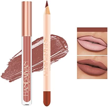 Easilydays Matte Lip Liner Pen and Velvet Lipstick Set, 12 Colors Lip Stain Long Lasting Waterproof, Non-Drying, Non Fading, Non-Stick Cup Lip Gloss High Pigment Red Peach Pink Apricot Amber Lip Gloss for Women Girls Lip Makeup (#08)