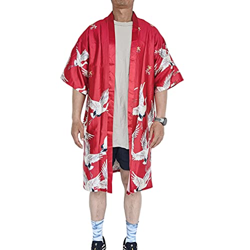 HAORUN Men Japanese Kimono Coat Loose Yukata Outwear Long Bathrobe Tops Vintage (Red-Satin, Large, l)