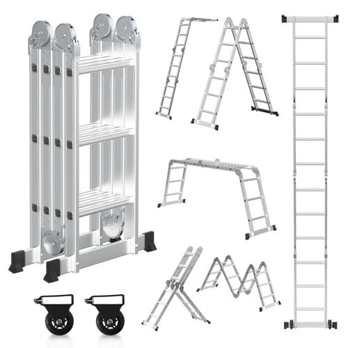 Cecaylie Escalera multiusos de 3,6M 4x3M, plegable, escalera de trabajo de aluminio 7 en 1, escalera multifuncional con 2 plataformas de andamio y 2 ruedas, hasta 150 kg