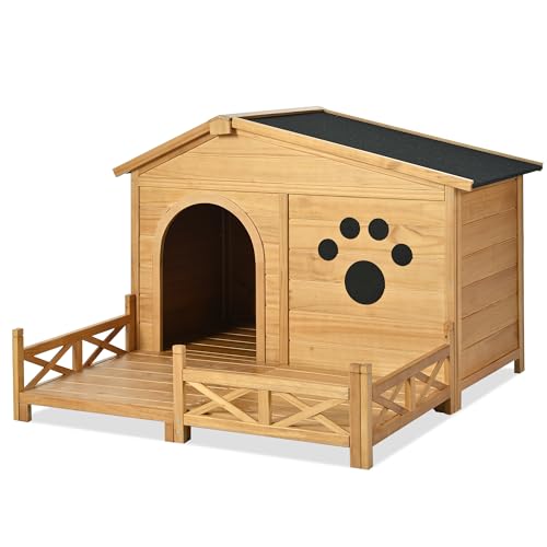 48" Wooden Dog House,Dog Kennel with Wide Porch,Water-Resistant Asphalt Roof and Fence,Indoor & Outdoor Dog Crate W/Paw Print Design,Easy Assembly & Cleaning,for Medium Dogs,Natural - Image 5