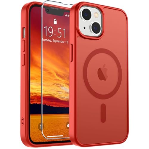 Image of SUPFINE Magnetic for iPhone 14 Case & iPhone 13 Case (Compatible with MagSafe)(Military Grade Drop Protection) Slim Translucent Matte Shockproof Phone Cover,Red