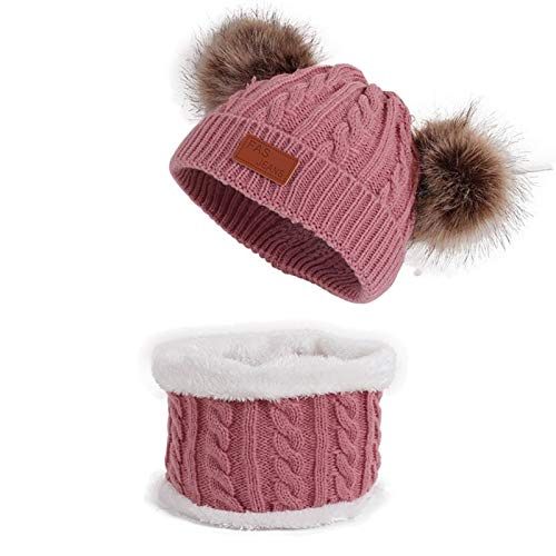 Toddler Winter Hat Scarf Set for Baby Girl Infant Warm Knitted Fleece Lined Skiing Cap, Winter Warm Knit Hat Lovely Pompom Kids Beanie 0-24 Months (Color : A-Skin Powder)