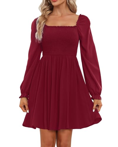 Image of Holipick Women's Casual Square Neck Smocked Dress Shirred Ruffle Puff Sleeve High Waist Cute Flowy A-Line Short Dress