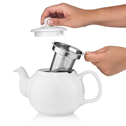 Image of SAKI Large Porcelain Teapot, 48 Ounce Tea Pot with Infuser, Loose Leaf and Blooming Tea Pot - White