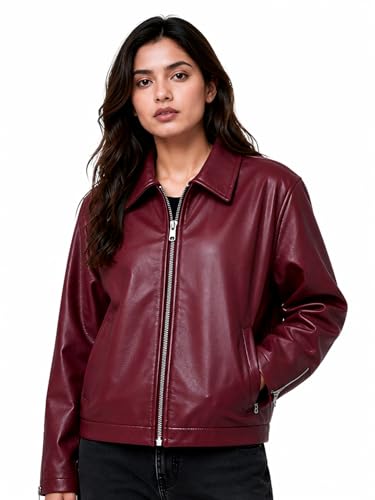 Image of Women's Faux Leather Jacket | Biker Motorcycle Jacket with Zip Front Closure, Classic Shirt Collar | Regular Fit Casual Winter Outerwear | Women's Fashionable Lightweight Leather