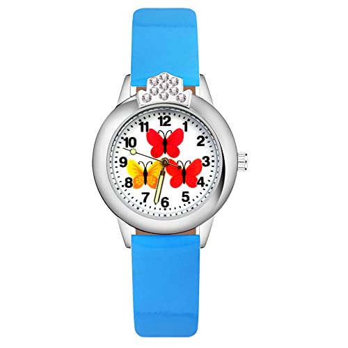 Reloj de niña Dibujos Animados Bonita Mariposa Estilo de Cristal Relojes Chica Estudiante Correa de Cuero de Cuarzo Reloj de Pulsera Reloj Relojes para niñas (Color : Sky Blue)