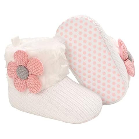 RVROVIC Baby Boys Girls Plush Winter Snow Boots Bowknot Anti Slip Warm Fleece Infant Boots Toddler Prewalkers (6-12 Months Infant, Flower White) Cover