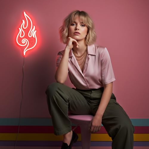 Image of Flame Neon Sign, Red LED Wall Decor, Dimmable USB Powered Flame Neon Light for Bedroom, Game Room, Man Cave, Bar, Party Decor, Unique Gift for Gamer, Friend