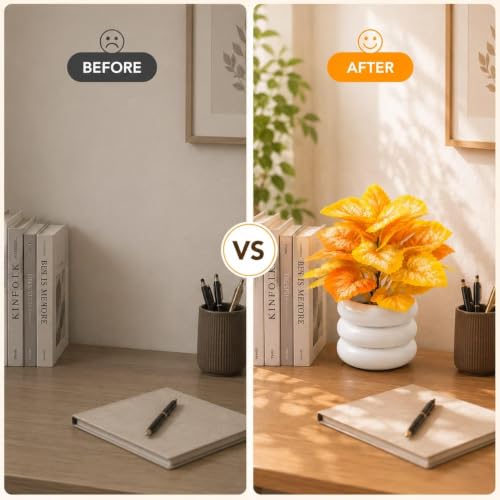 Image of Artificial Mini Potted Plant with Premium White Ceramic Style Pot - Vibrant Orange-Yellow Faux Desk Plant for Home Decor, Office Table, Living Room & Study Room Aesthetic, Washable & Zero Maintenance