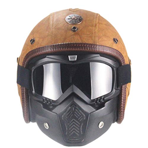 Qianliuk PU Cuero Moto Cascos Vintage Moto Casco con Gafas máscara Moto Chopper Moto Casco