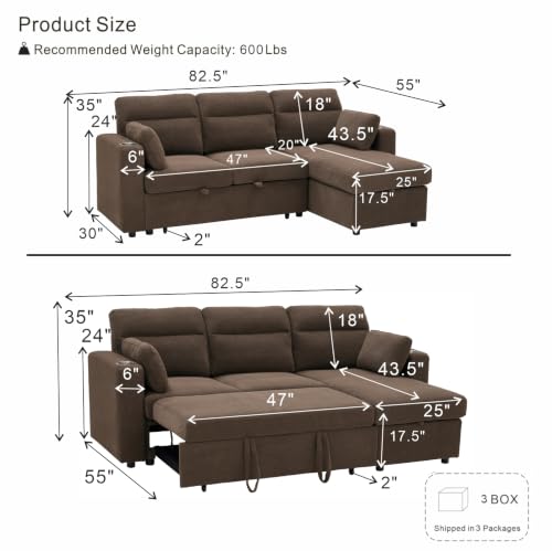 Image of KEIKI 82.5 inch Sleeper L Shaped Sofa with Pull Out Bed,
