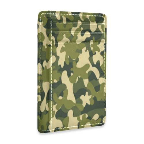 Front Pocket Minimalist Leather Slim Wallet Credit Card Holder Camouflage Green for Men & Women