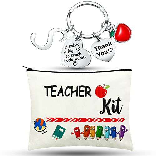 MTLEE 2 Pcs Teacher Appreciation Gift Sets 2025 Graduation Present Makeup Pouch Cosmetic Bag Thank You Keychain with Initial(S Shape)